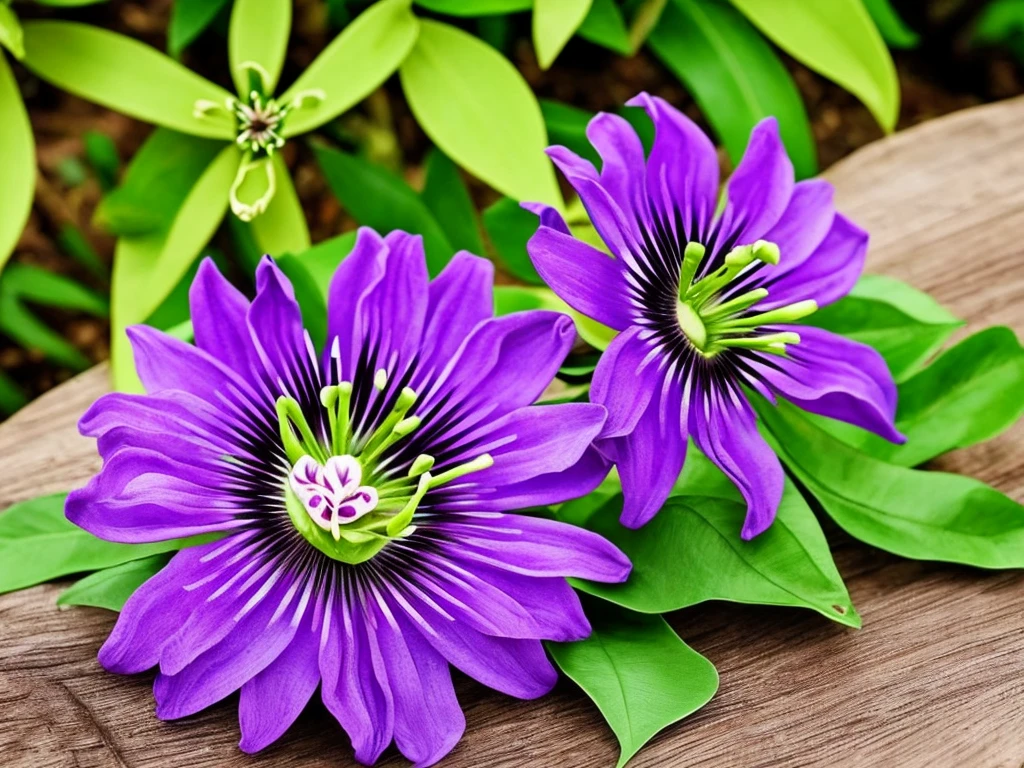 purple flower on a wooden post with green leaves, passion flower, large exotic flowers, beautiful!!!!!!!!!, intricate beauty, incredibly beautiful, very intricate, exquisitely detailed, extremely intricate, passion fruits, staggering in its beauty, intricate and beautiful, stunningly beautiful, ❤🔥🍄🌪, amazing beauty, highly intricate, australian wildflowers, intricate!!, beautiful flower, highly beautiful