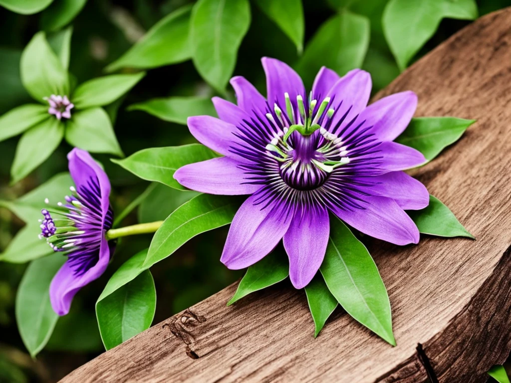 purple flower on a wooden post with green leaves, passion flower, large exotic flowers, beautiful!!!!!!!!!, intricate beauty, incredibly beautiful, very intricate, exquisitely detailed, extremely intricate, passion fruits, staggering in its beauty, intricate and beautiful, stunningly beautiful, ❤🔥🍄🌪, amazing beauty, highly intricate, australian wildflowers, intricate!!, beautiful flower, highly beautiful