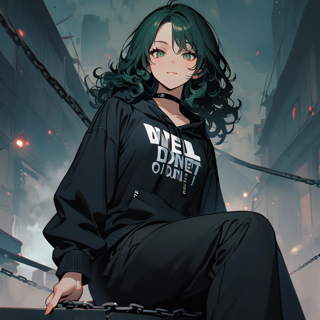 (well done:1) woman, long black curly hair, gray left eye, dark green right eye, black choker, black sweatshirt with white details, black sweatpants with some chains around them, black boots.