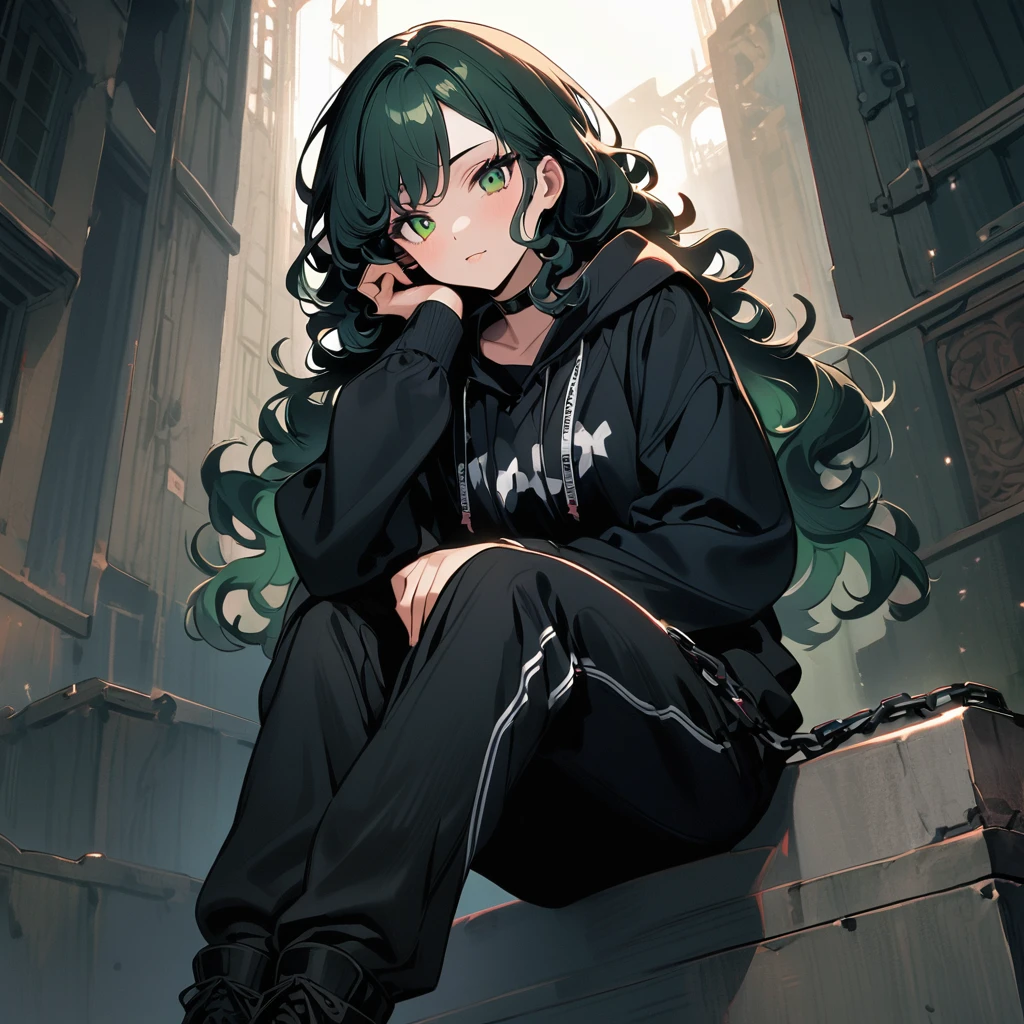 (well done:1) woman, long black curly hair, gray left eye, dark green right eye, black choker, black sweatshirt with white details, black sweatpants with some chains around them, black boots.