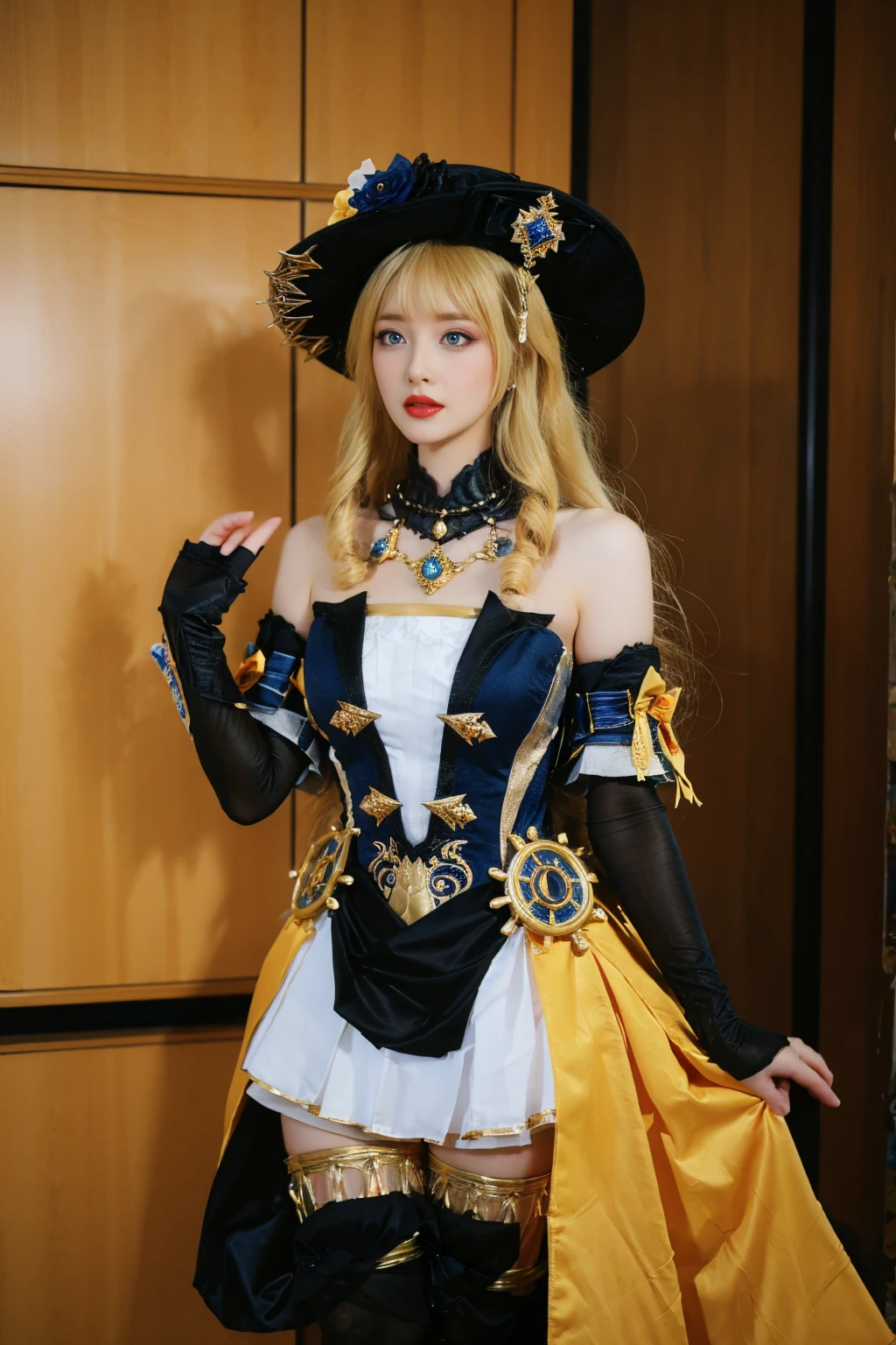 ulzzang-6500-v1.1,(raw photo:1.2),((photorealistic:1.4))best quality ,masterpiece, illustration, an extremely delicate and beautiful, extremely detailed ,CG ,unity ,8k wallpaper, finely detail, best quality,extremely detailed CG unity 8k wallpaper,absurdres, incredibly absurdres, huge filesize, ultra-detailed, highres, extremely detailed,beautiful detailed girl, extremely detailed eyes and face, beautiful detailed eyes,light on face,cinematic lighting, 25 year old woman, 1girl, solo,hat,blonde hair, long hair, drill hair, twin drills,blue eyes, jewelry, flower, bare shoulders, black gloves,dress, thighhighs, thigh boots, boots, indoor, mirror, Curtain background, room, standing, upper body, medium breasts, looking at viwer,