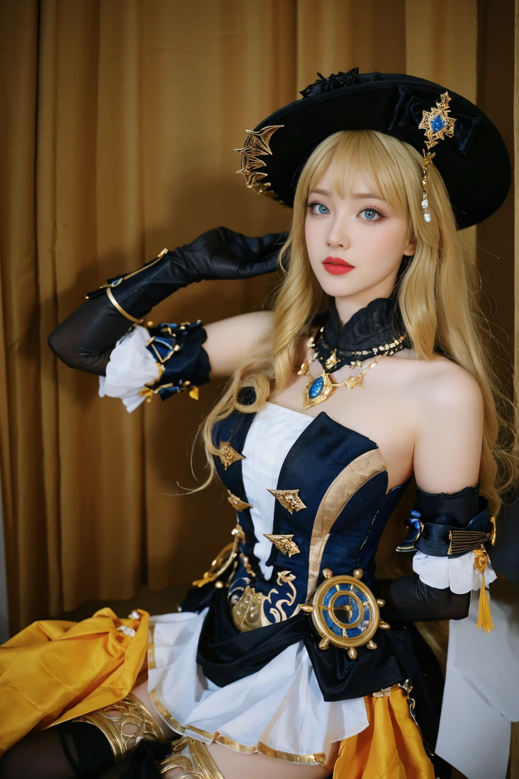 ulzzang-6500-v1.1,(raw photo:1.2),((photorealistic:1.4))best quality ,masterpiece, illustration, an extremely delicate and beautiful, extremely detailed ,CG ,unity ,8k wallpaper,  finely detail, best quality,extremely detailed CG unity 8k wallpaper,absurdres, incredibly absurdres, huge filesize, ultra-detailed, highres, extremely detailed,beautiful detailed girl, extremely detailed eyes and face, beautiful detailed eyes,light on face,cinematic lighting, 25 year old woman, 1girl, solo,hat,blonde hair, long hair, drill hair, twin drills,blue eyes, jewelry, flower, bare shoulders, black gloves,dress, thighhighs, thigh boots, boots, indoor, mirror, Curtain background, room, standing, upper body, medium breasts, looking at viwer,