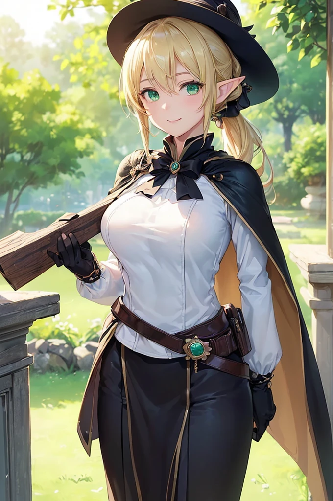 (((masterpiece; best quality: 1.2))), (finely detailed eyes: 1.3), (25 year old elf woman), (solo), (green eyes: 1.4), (body; big breasts, fit, femenine: 1.3), (silky blonde hair in low ponytail: 1.3), (beautiful and clear background: 1.2), ((depth of field)), (equipment: adventurer attire + modest + elegant wide-brimmed hat + dark blouse + dark cape + black long skirt + gloves + belt + pouches: 1.3), (anime illustration: 1.2), (background composition; royal garden: 1.1), (extremely fine and beautiful: 1.1), (shot composition; standing + centered on torso + close-up: 1.5), (expression; calm, smile: 1.2)