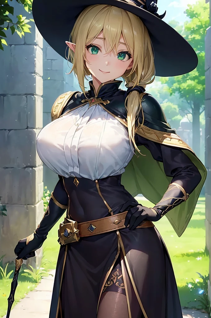 (((masterpiece; best quality: 1.2))), (finely detailed eyes: 1.3), (25 year old elf woman), (solo), (green eyes: 1.4), (body; big breasts, fit, femenine: 1.3), (silky blonde hair in low ponytail: 1.3), (beautiful and clear background: 1.2), ((depth of field)), (equipment: adventurer attire + modest + elegant wide-brimmed hat + dark blouse + dark cape + black long skirt + gloves + belt + pouches: 1.3), (anime illustration: 1.2), (background composition; royal garden: 1.1), (extremely fine and beautiful: 1.1), (shot composition; standing + centered on torso + close-up: 1.5), (expression; calm, smile: 1.2)