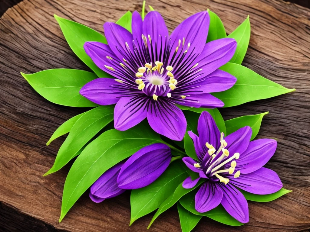 purple flower on a wooden post with green leaves, passion flower, large exotic flowers, beautiful!!!!!!!!!, intricate beauty, incredibly beautiful, very intricate, exquisitely detailed, extremely intricate, passion fruits, staggering in its beauty, intricate and beautiful, stunningly beautiful, ❤🔥🍄🌪, amazing beauty, highly intricate, australian wildflowers, intricate!!, beautiful flower, highly beautiful