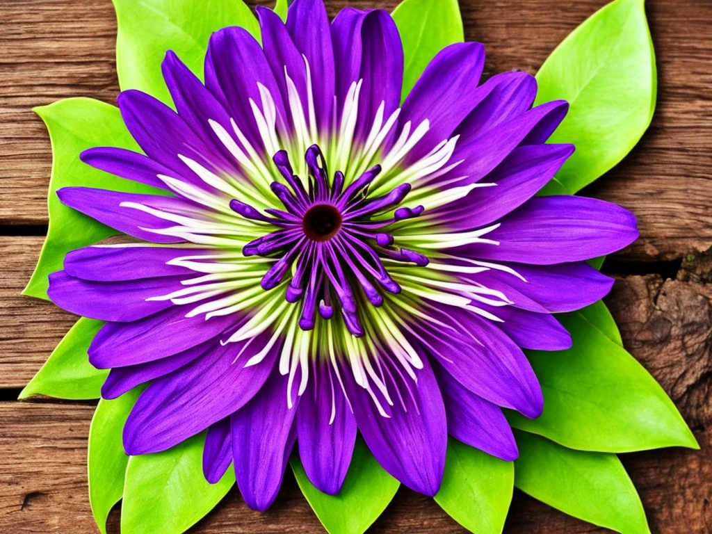 purple flower on a wooden post with green leaves, a macro photograph by Johannes Martini, flickr, art nouveau, passion flower, large exotic flowers, beautiful!!!!!!!!!, intricate beauty, incredibly beautiful, very intricate, exquisitely detailed, extremely intricate, passion fruits, staggering in its beauty, intricate and beautiful, stunningly beautiful, ❤🔥🍄🌪, highly intricate