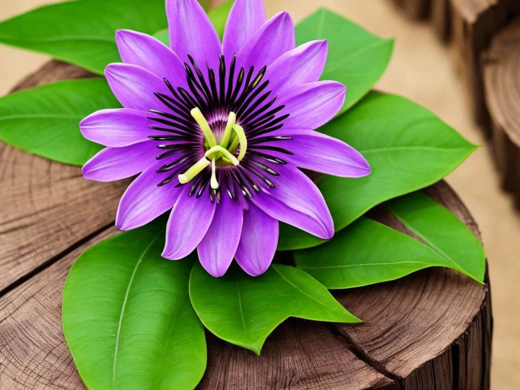 purple flower on a wooden post with green leaves, a macro photograph by Johannes Martini, flickr, art nouveau, passion flower, large exotic flowers, beautiful!!!!!!!!!, intricate beauty, incredibly beautiful, very intricate, exquisitely detailed, extremely intricate, passion fruits, staggering in its beauty, intricate and beautiful, stunningly beautiful, ❤🔥🍄🌪, highly intricate