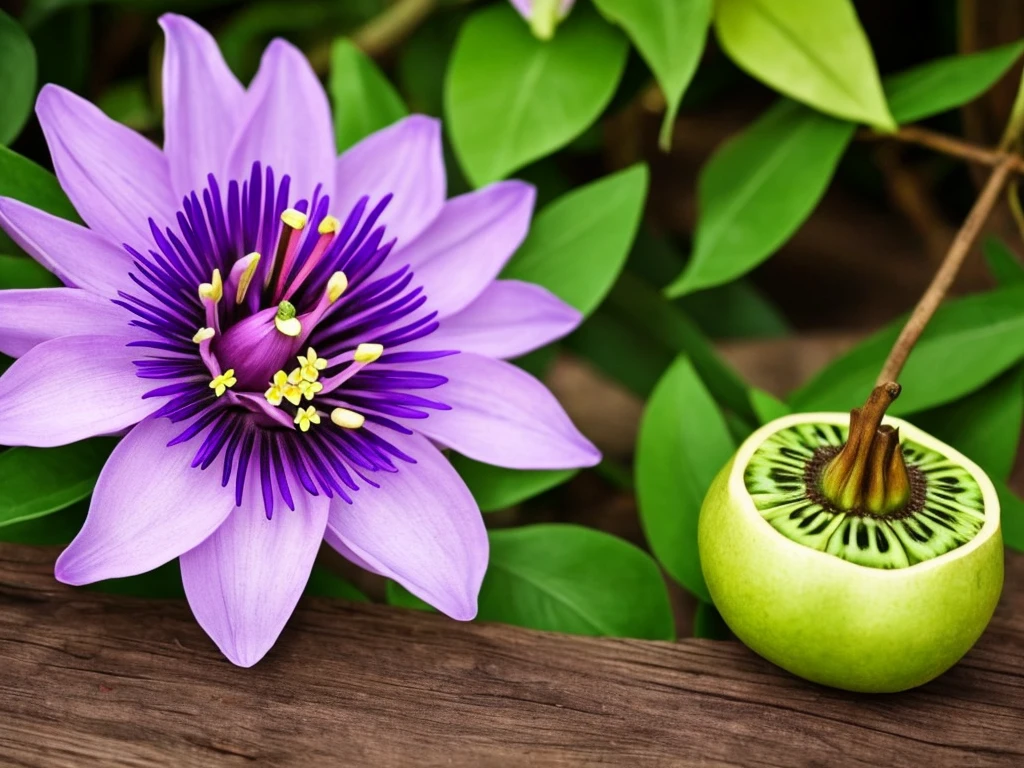 purple flower on a wooden post with green leaves, a macro photograph by Johannes Martini, flickr, art nouveau, passion flower, large exotic flowers, beautiful!!!!!!!!!, intricate beauty, incredibly beautiful, very intricate, exquisitely detailed, extremely intricate, passion fruits, staggering in its beauty, intricate and beautiful, stunningly beautiful, ❤🔥🍄🌪, highly intricate