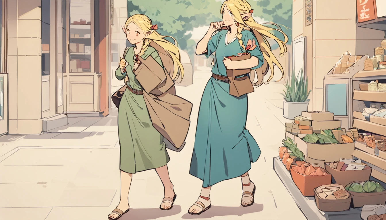 masterpiece, Top quality ï¼Œï¼Œ 1 girl, alone, Blonde, Pointed Ears, Braiding, Fairy, Long Hair, Sandals, Robe, smile, twin Braidings, whole body, looks fun, Holding, belt, shopping,Warm colors,warm color,carrying a large paper bag