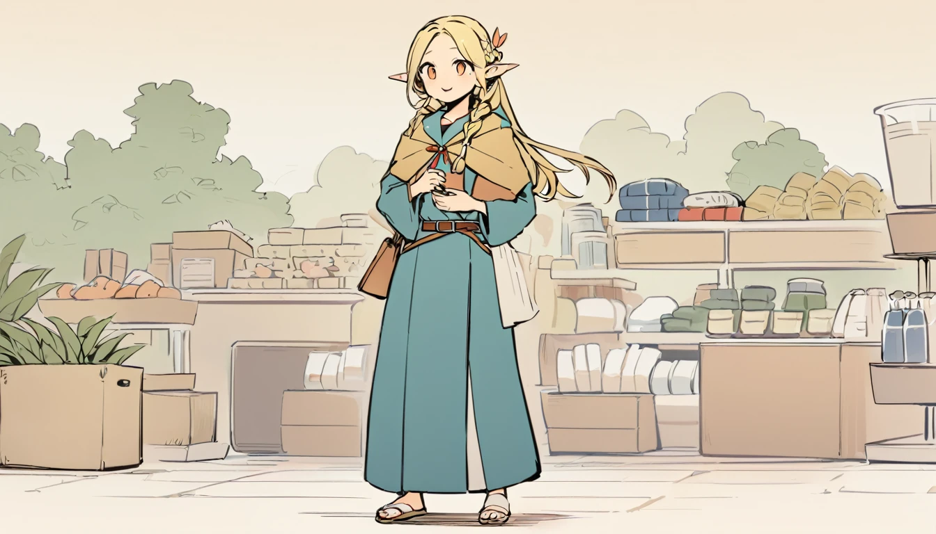 masterpiece, Top quality ,, 1 girl, alone, Blonde, Pointed Ears, Braiding, Fairy, Long Hair, Sandals, Robe, smile, twin Braidings, whole body, looks fun, Holding, belt, shopping,Warm colors,warm color,carrying a large paper bag