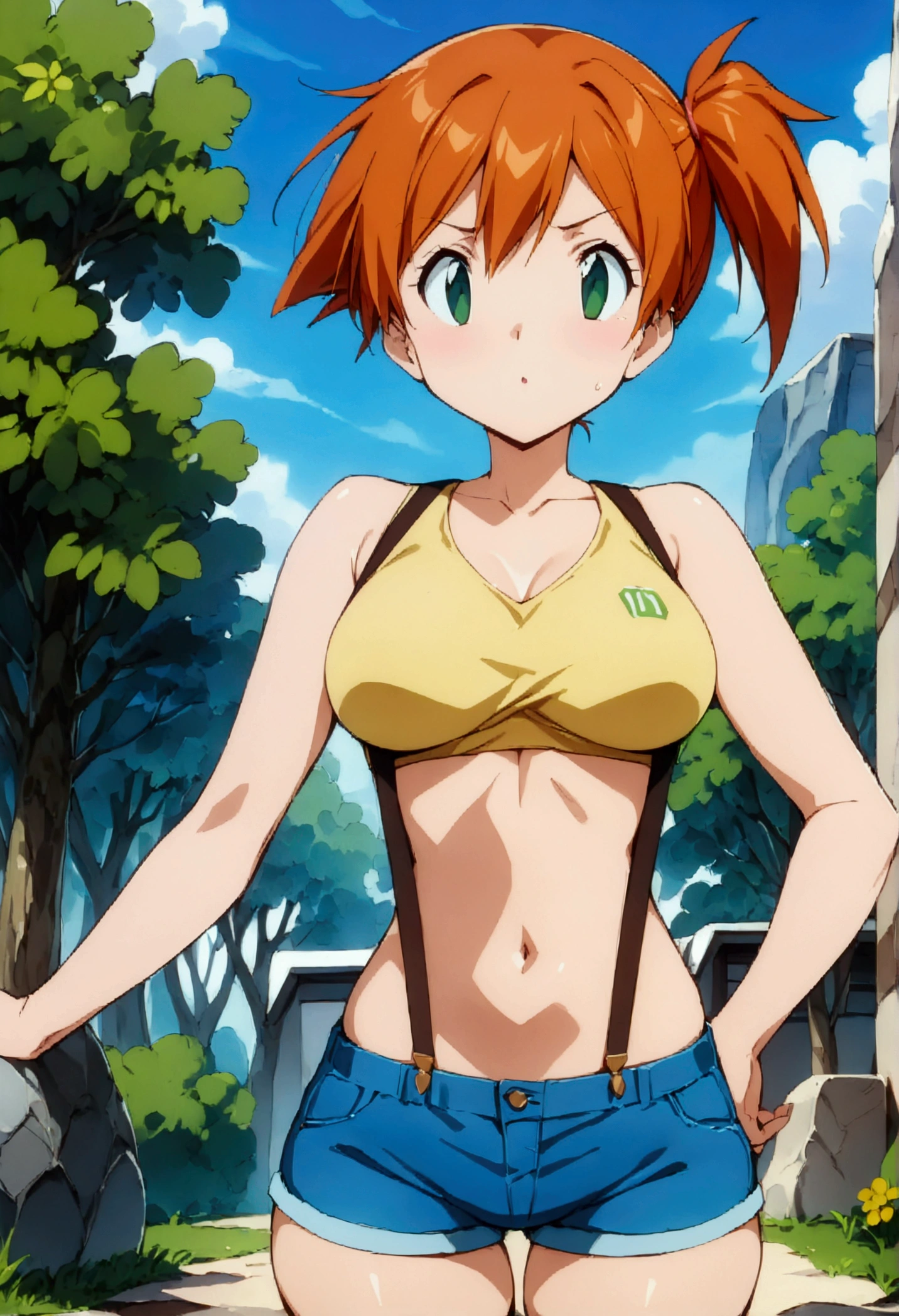 (score_9, score_8_up, score_7_up), ((best quality, masterpiece)),perfect anatomy,((aesthetic,very aesthetic)),official style, (ultra-high resolution),source_anime.from front,front view,face focus ,,standing ,  (mature) ,1girl, Outdoor, Green Eyes, Orange Hair, , Yellow Shirt, Sleeveless shirt,((stomach)), Denim shorts, suspenders, ,   (slender), ,shirt_pull:1.2,
