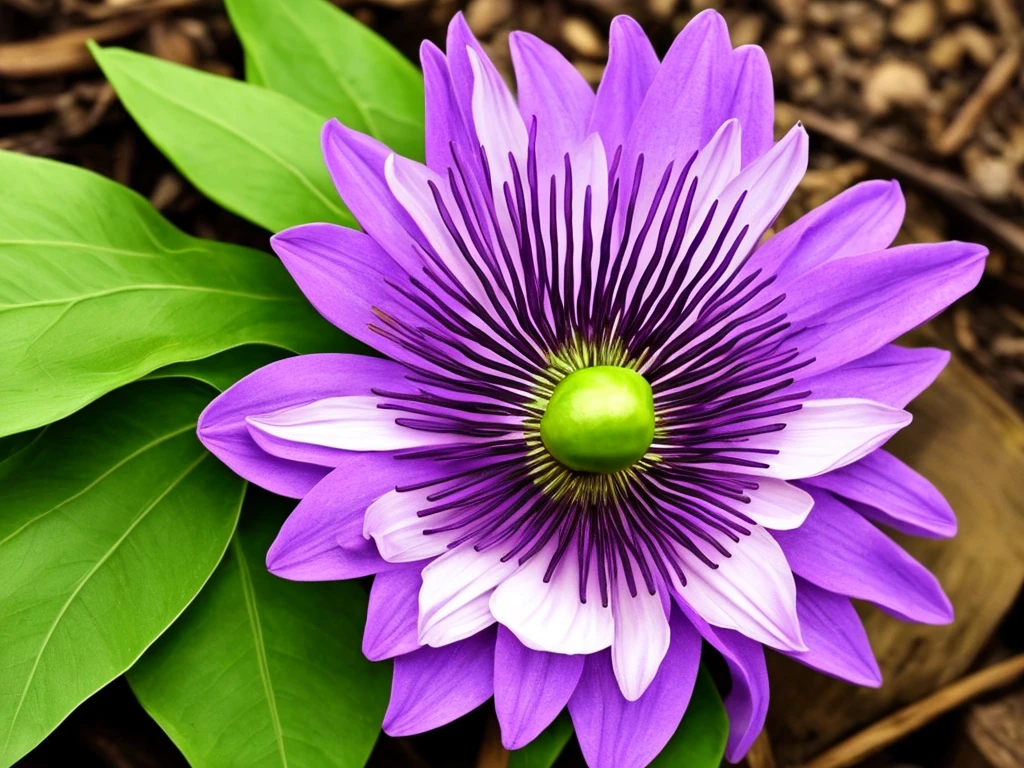 purple flower on a wooden post with green leaves, a macro photograph by Johannes Martini, flickr, art nouveau, passion flower, large exotic flowers, beautiful!!!!!!!!!, intricate beauty, incredibly beautiful, very intricate, exquisitely detailed, extremely intricate, passion fruits, staggering in its beauty, intricate and beautiful, stunningly beautiful, ❤🔥🍄🌪, highly intricate
