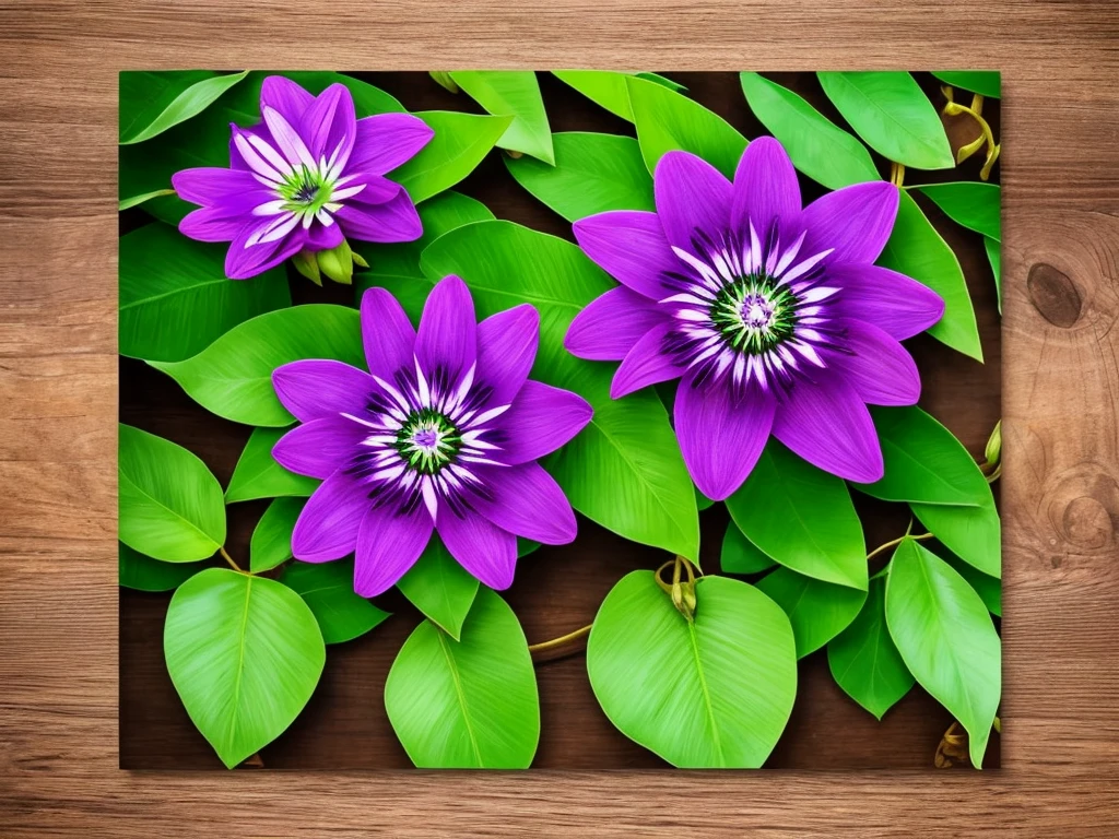 purple flower on a wooden post with green leaves, a macro photograph by Johannes Martini, flickr, art nouveau, passion flower, large exotic flowers, beautiful!!!!!!!!!, intricate beauty, incredibly beautiful, very intricate, exquisitely detailed, extremely intricate, passion fruits, staggering in its beauty, intricate and beautiful, stunningly beautiful, ❤🔥🍄🌪, highly intricate