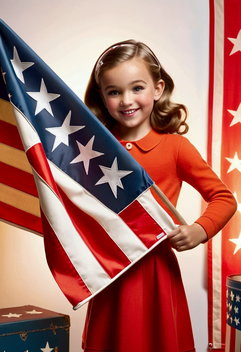 a holding a MAGA banner playfully,1girl,young ,cute,mischievous,american flag background,classic americana,nostalgic,1950s style,retro,vibrant colors,warm lighting,highres,detailed,photorealistic,studio lighting