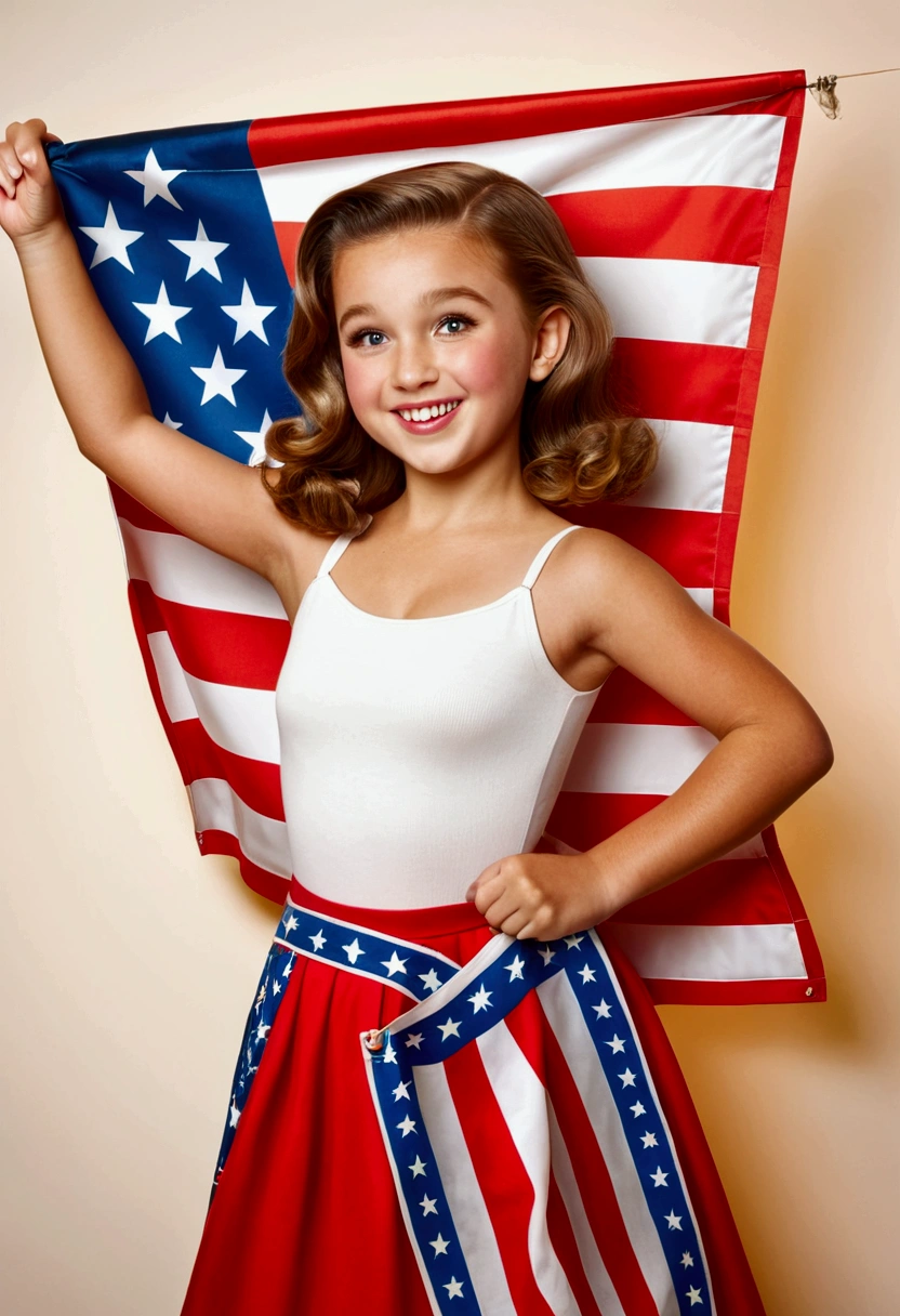 a holding a MAGA banner playfully,1girl,young ,cute,mischievous,american flag background,classic americana,nostalgic,1950s style,retro,vibrant colors,warm lighting,highres,detailed,photorealistic,studio lighting