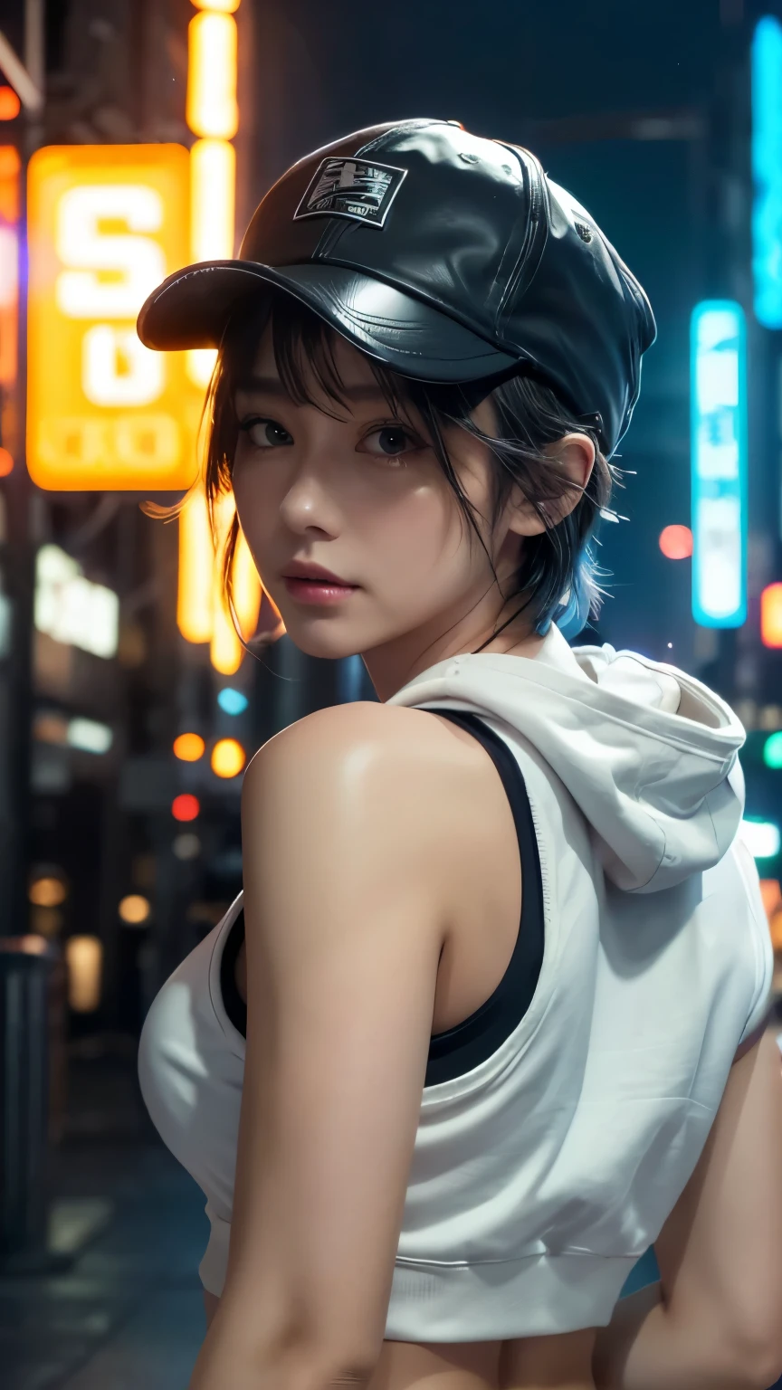 masterpiece, Highest quality, Very detailed, 8k, Realistic, One Girl, alone, Tomboy, Very detailed face, (head shot:1.5), Cyberpunk neon lit futuristic city、Neon lights illuminate the scene, at night, Cyberpunk art, 32K, Ultra HD, Unreal Engine Rendering, Cinema Lighting,Pixie cut white hair, He is wearing a short tank top and an open-zipped hoodie.....,I can see your chest,Nice ass,Wear a New Era cap