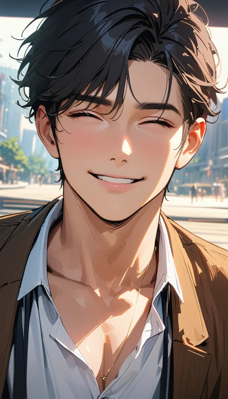 20 years old ,masterpiece , modern, Verism, masterpiece, super detail, best quality, 4K , A handsome man, black hair, short hair, light smile, happy
