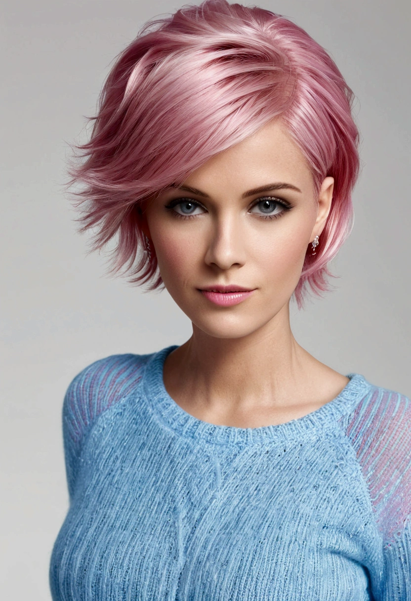 Create a beautiful woman, age 38, shorth hair, pink  hair, Chanel haircut, blue long sleeve sweater, Tight jeans.