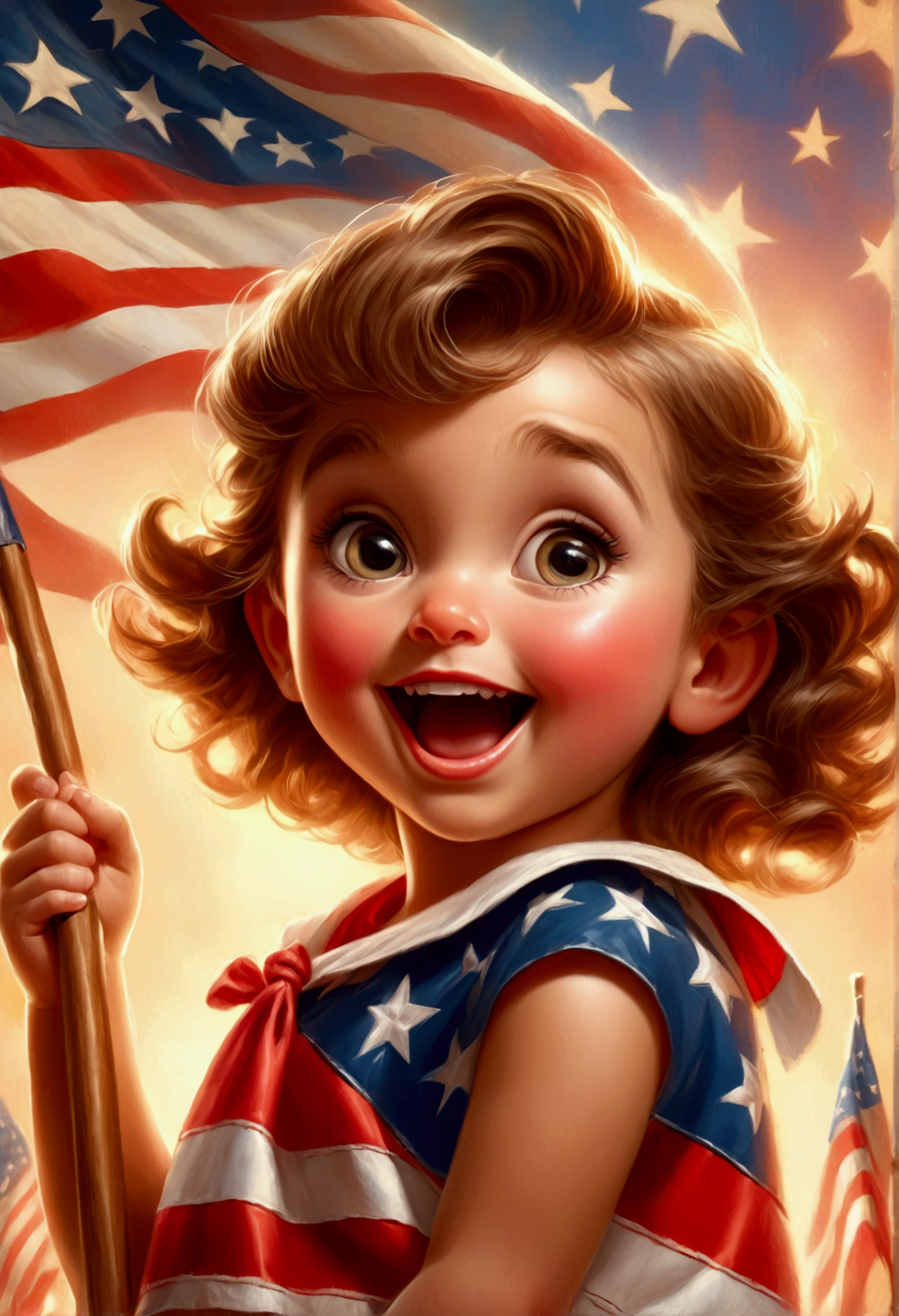 a holding a MAGA banner playfully,1girl,young ,cute,mischievous,american flag background,classic americana,nostalgic,1950s style,retro,vibrant colors,warm lighting,highres,detailed,photorealistic,studio lighting
