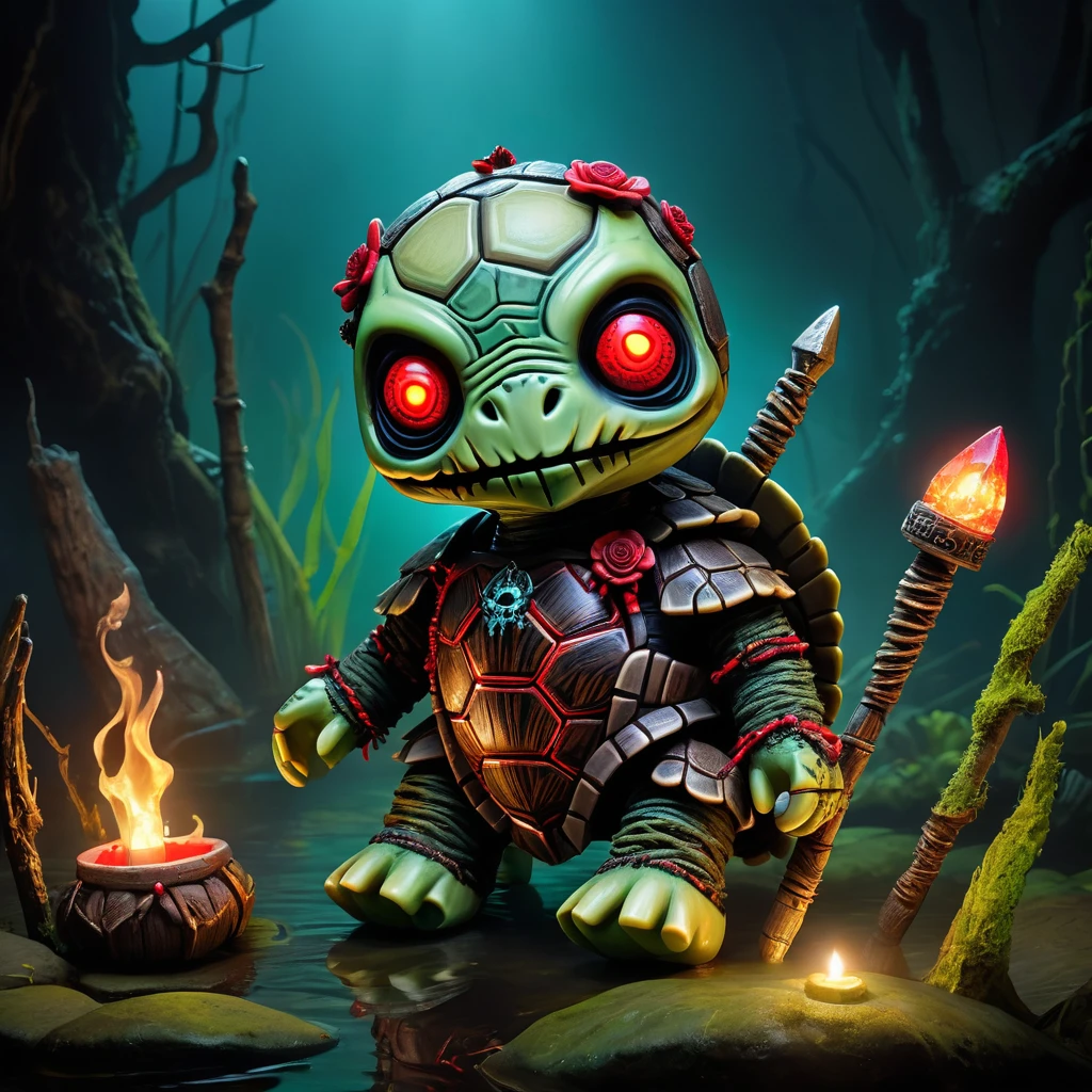 (knitted toy voodoo doll:1.7), (Voodoo Grim Turtle:1.3), (Clothing: dark, armored shell with glowing red eyes:1.0), (Accessories: enchanted bone shield, glowing ancient relics, mystical dark water:1.2), (background: murky swamp with floating, glowing lights and eerie fog:1.2), best quality, masterpiece, detailed soft oil painting, detailed background, dramatic cinematic lighting, soft edge lighting, professional, dramatic lighting, hard edge lighting, ultra quality, 4k,masterpiece, best quality, 8k, ultra highres, highres, extremely detailed