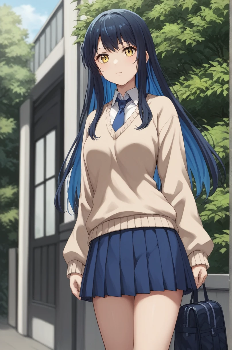 score_9, score_8_superior, score_7_superior, score_6_superior, score_5_superior, score_4_superior, Break Source_anime, Yoshiko Yotsuya, Yellow Eyes, Black Hair, Blue Hair, Multicolored Hair, Long Hair, Blue pleated skirt, Beige sweater, Blue tie,