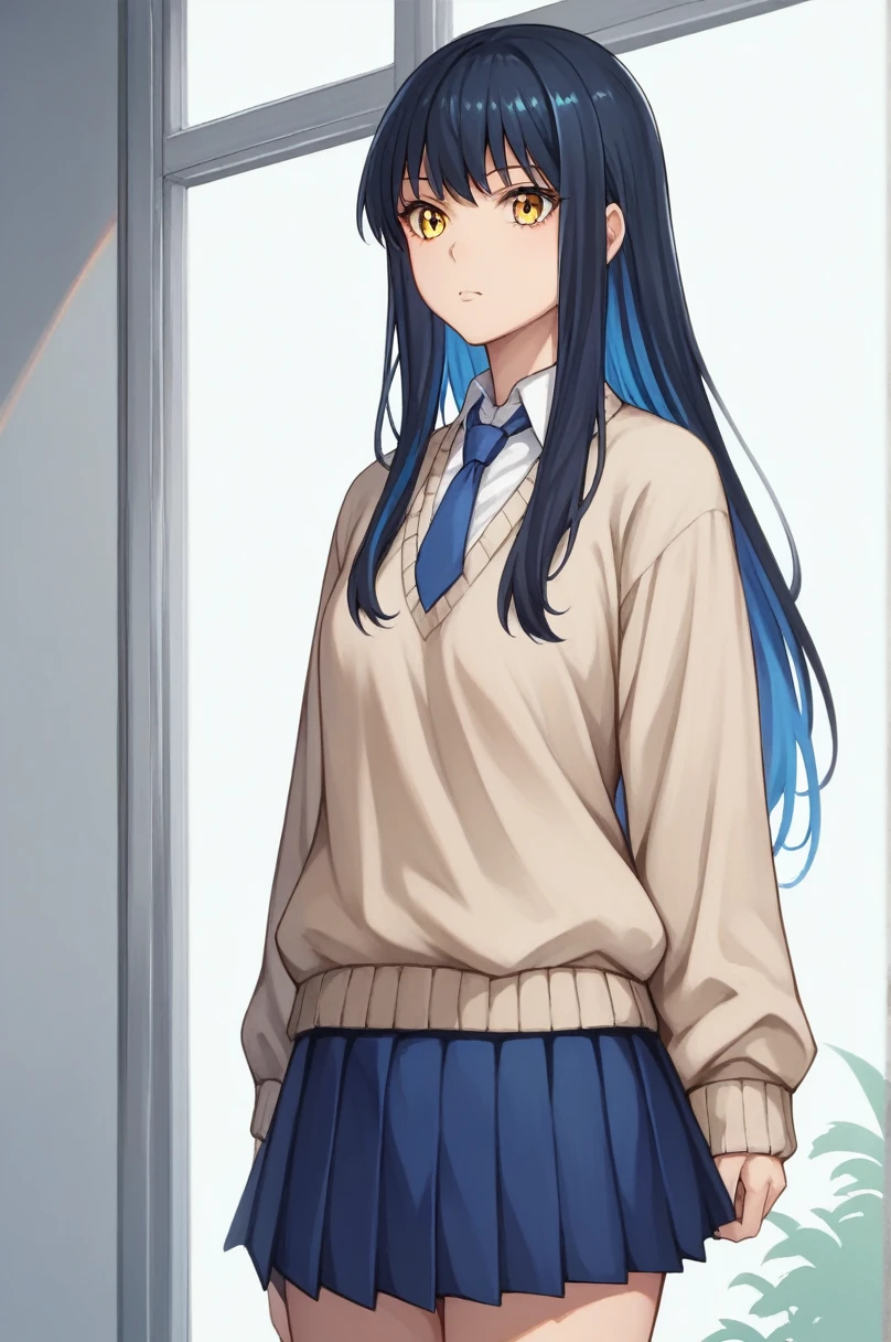 score_9, score_8_superior, score_7_superior, score_6_superior, score_5_superior, score_4_superior, Break Source_anime, Yoshiko Yotsuya, Yellow Eyes, Black Hair, Blue Hair, Multicolored Hair, Long Hair, Blue pleated skirt, Beige sweater, Blue tie,