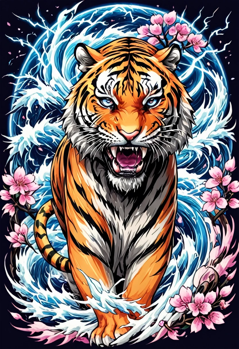 1 tiger, Traditional Japanese tattoo design, realistic tattoo art of Orange tiger with (((Blue eyes with thunder effect))) with pink sakura petal effect ,he is with open mouth looking very fierce and angry, the background is Japanese wave tattoo, (Unity 16K Wallpaper, masterpiece, Best Quality, high quality, Ultra-detailed, extremely details), a tattoo design, realistic tattoo art of Orange tiger with (((Blue eyes thunder effect)))) with pink sakura petal effect ,he is with open mouth looking very fierce and angry, the background is Japanese wave tattoo, scratching the viewer with fierce claw,  
