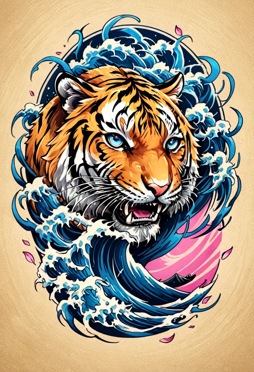 1 tiger, Traditional Japanese tattoo design, realistic tattoo art of Orange tiger with (((Blue eyes with thunder effect))) with pink sakura petal effect ,he is with open mouth looking very fierce and angry, the background is Japanese wave tattoo, (Unity 16K Wallpaper, masterpiece, Best Quality, high quality, Ultra-detailed, extremely details), a tattoo design, realistic tattoo art of Orange tiger with (((Blue eyes thunder effect)))) with pink sakura petal effect ,he is with open mouth looking very fierce and angry, the background is Japanese wave tattoo, scratching the viewer with fierce claw,  
