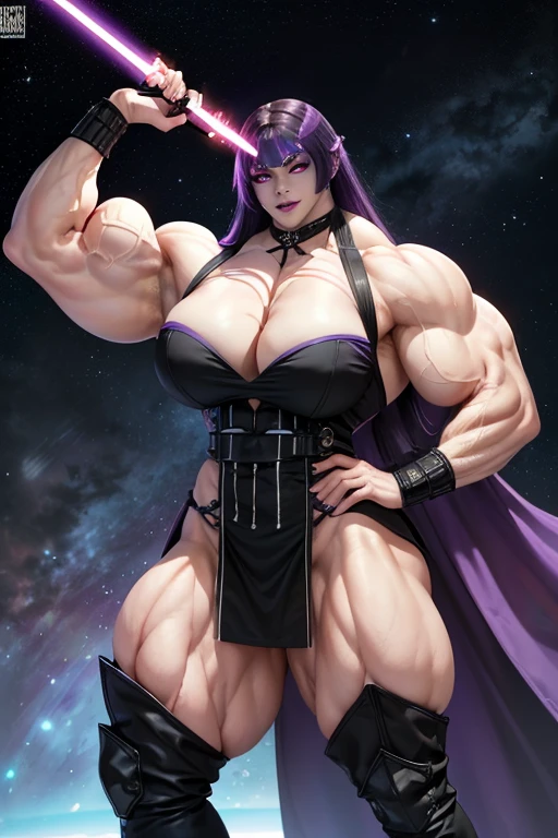 ((Massive, tall, beautiful, buff, muscular pale white skinned asian female Sith Lord with violet purple hair, black lipstick, ginormous bulky muscles, carrying a red lightsaber and wearing a long gothic tiered dress)), ((close view)), black eyeliner, massive muscles, massive biceps, hyper muscle triceps, long hair with long bangs, (((glowing black eyes))), (long gothic tiered dress), thigh high boots, In space, nighttime, (evil smile), hyper muscles arms, hyper muscle legs, massive arms