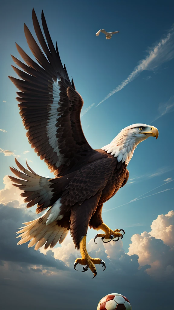 An eagle with human body. Playing soccer above the sky.