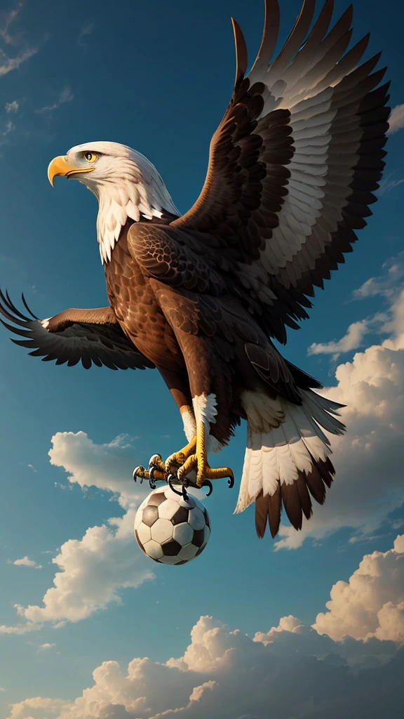 An eagle with human body. Playing soccer above the sky.