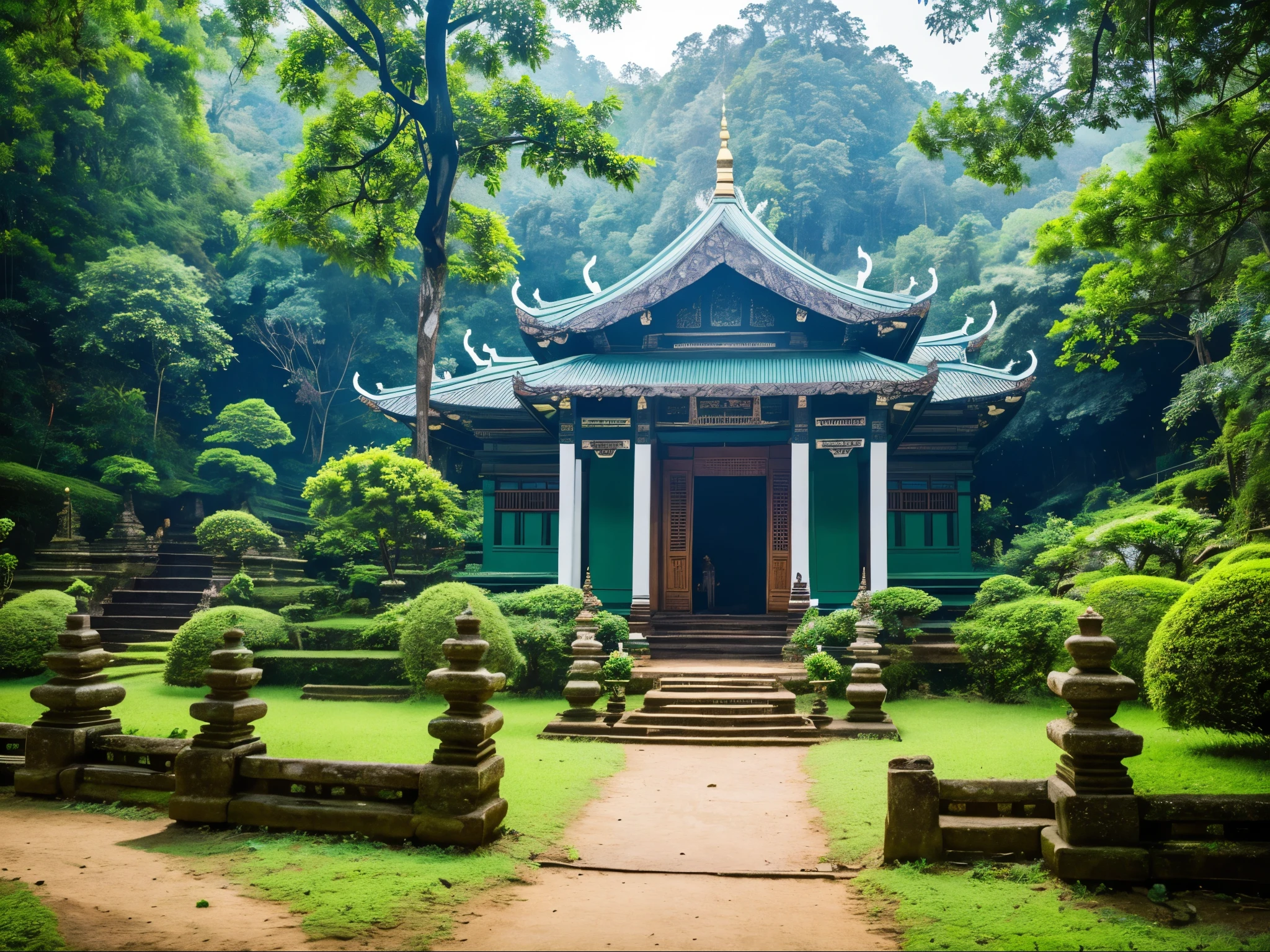 A serene landscape at Doi Inthanon, Thailand, lush green forest, misty mountains, ancient temple, ornate stone carvings, ornate architecture, intricate details, beautiful natural scenery, vibrant colors, warm lighting, photorealistic, masterpiece, 8k, highly detailed