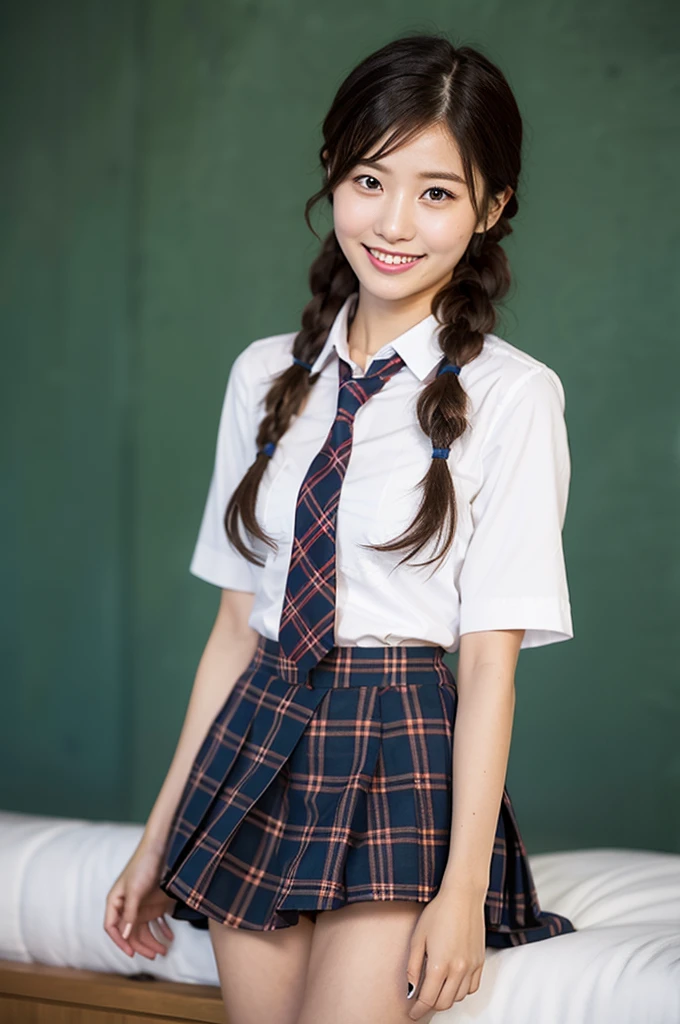 1girl,23yo.strawberry print panties ,.classroom brown eyes, brown hair, cardigan, female pubic hair, full body, gyaru, hair ribbon, lips, loafers, long hair, looking at viewer, panties, plaid, plaid skirt, realistic, red ribbon, , shirt, short sleeves, simple background, sitting, skirt, skirt lift, smile, solo, spls, standing, striped, white neckerchief, white shirt.