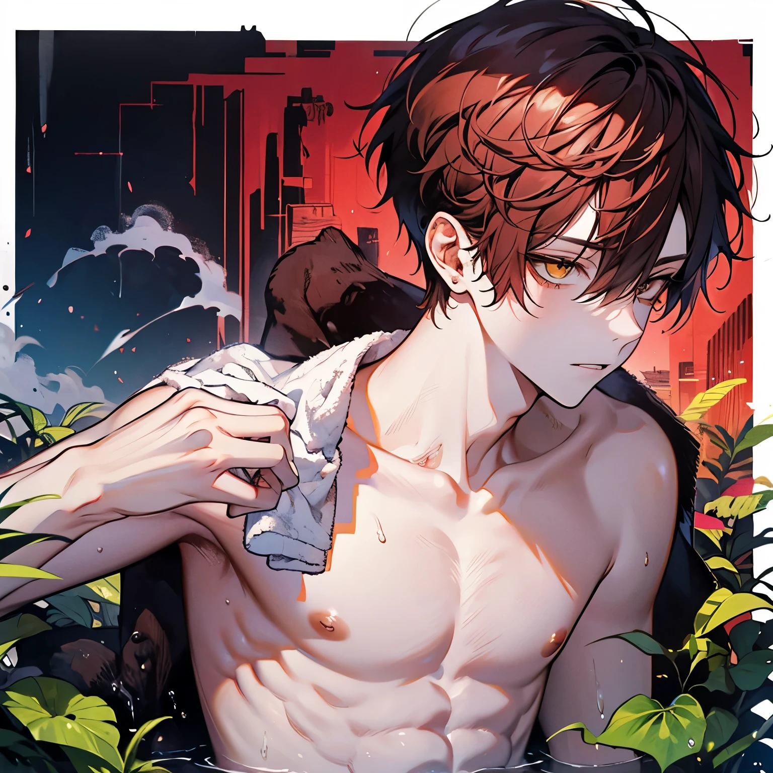 Beautiful young man,Red hair, short hair, Yellow eyes, Wet hair, Wipe your hair with a towel, Top Naked, pecs, Abs, After taking a bath, steam,High quality, amount of drawing, pixiv illustration