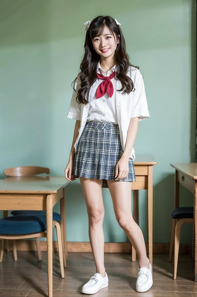 1girl,23yo.strawberry print  ,.classroom brown eyes, brown hair, cardigan, female pubic hair, full body, gyaru, hair ribbon, lips, loafers, long hair, looking at viewer, panties, plaid skirt, realistic, red ribbon, , shirt, short sleeves, simple background, sitting, skirt, skirt lift, smile, solo, spls, standing, striped, white neckerchief, white shirt.