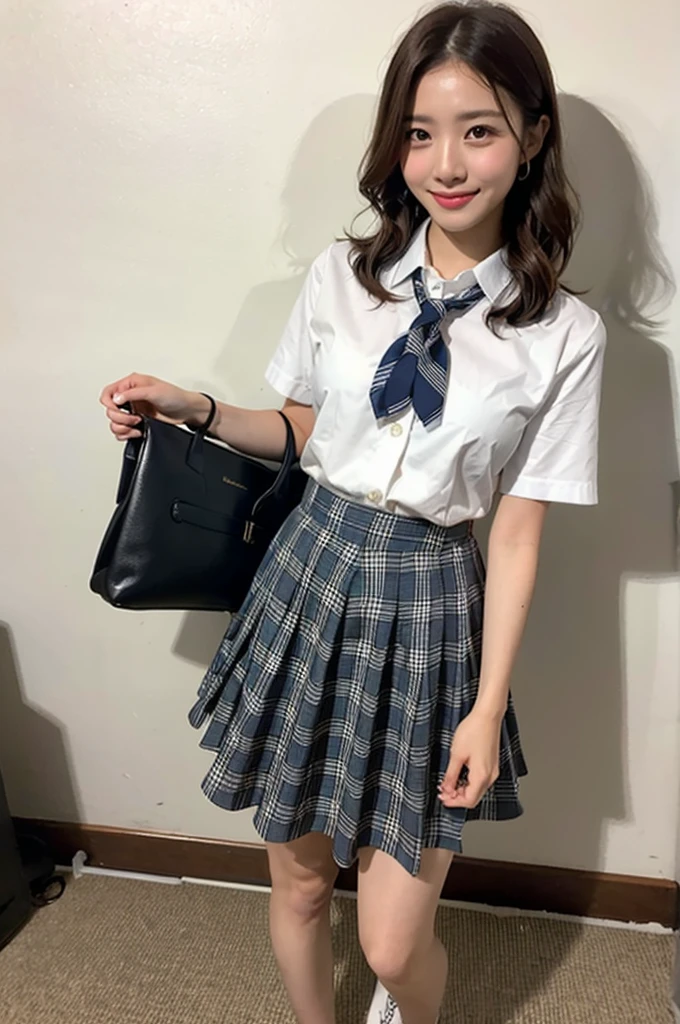 1girl,23yo.strawberry print panties ,.classroom brown eyes, brown hair, cardigan, female pubic hair, full body, gyaru, hair ribbon, lips, loafers, long hair, looking at viewer, panties, plaid, plaid skirt, realistic, red ribbon, , shirt, short sleeves, simple background, sitting, skirt, skirt lift, smile, solo, spls, standing, striped, white neckerchief, white shirt.