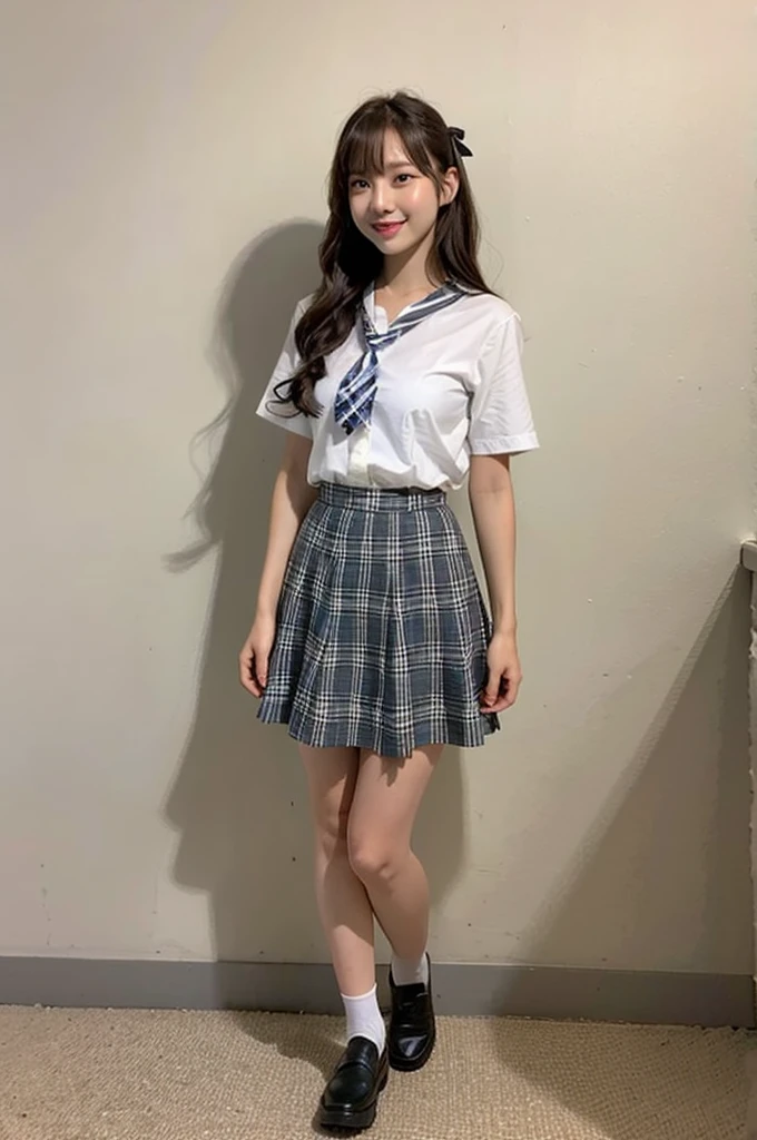 1girl,23yo.strawberry print panties ,.classroom brown eyes, brown hair, cardigan, female pubic hair, full body, gyaru, hair ribbon, lips, loafers, long hair, looking at viewer, panties, plaid, plaid skirt, realistic, red ribbon, , shirt, short sleeves, simple background, sitting, skirt, skirt lift, smile, solo, spls, standing, striped, white neckerchief, white shirt.