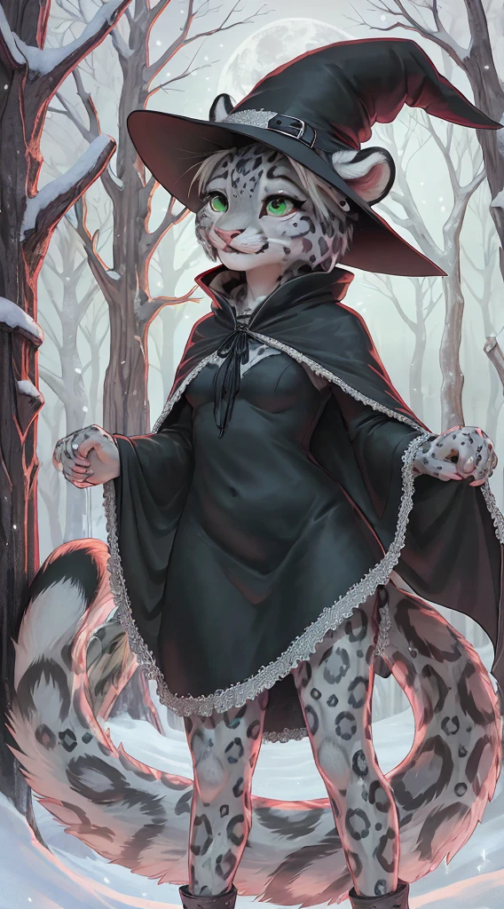detailed background, dark and eerie forest, fog rolling through the trees, snow-covered ground, full moon shining brightly in the sky, a clearing with scattered leaves and pumpkins, a((slim and graceful)(snow leopard:1.2))female standing tall in her witch costume, (black dress adorned with silver stars), (pointy hat with a wide brim), (long flowing cloak trailing behind her), (sharp claws on her fingertips), (piercing green eyes sparkling with mischief), ((delicate pink nose:1.1)peeking out from under her witch hat), (playful smile revealing sharp fangs), detailed fur markings resembling mystical patterns on her body, (confident stance), (half-body view)