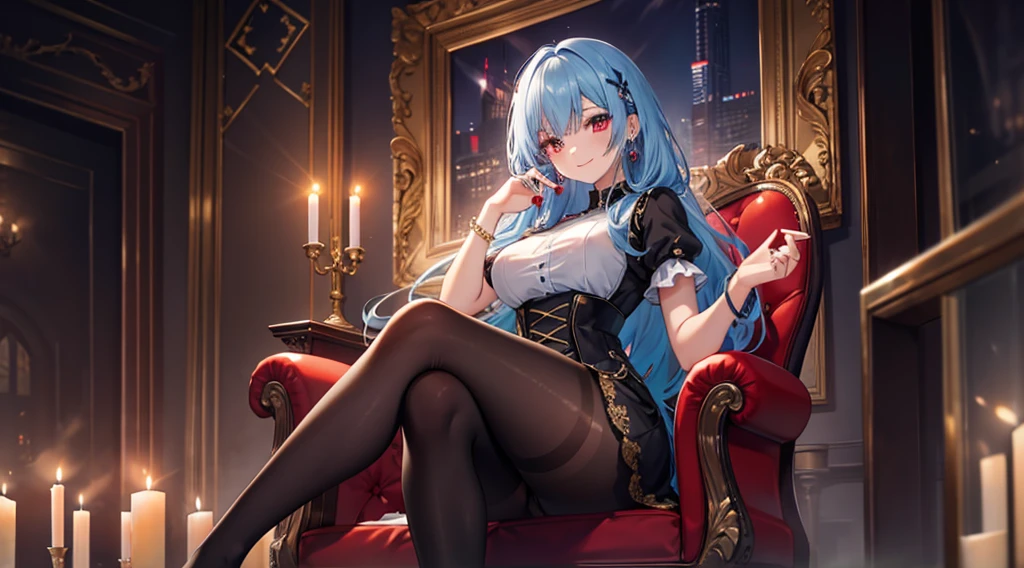Highest quality, masterpiece, figure, wallpaper,One girl,Black Y-shirt, Light Hair, Beautiful detailed girl, Highly detailed eyes and face, Beautiful attention to detail, Shine,Browsing Caution, View your viewers, Chair, night, Black Pantyhose, Straight hair, Red Eyes, Semi-long hair,beautiful light blue hair, thick_Thighs, Large Breasts, Red eyes,beautiful finger, clear background, deep night, sit、smile、Big earrings、bracelet、Gal、candle、ring