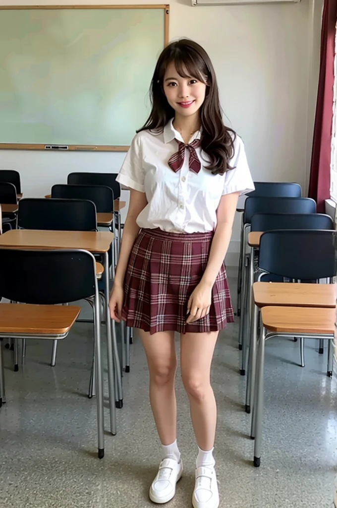 1girl,23yo.strawberry print panties ,.classroom brown eyes, brown hair, cardigan, female pubic hair, full body, gyaru, hair ribbon, lips, loafers, long hair, looking at viewer, panties, plaid, plaid skirt, realistic, red ribbon, , shirt, short sleeves, simple background, sitting, skirt, skirt lift, smile, solo, spls, standing, striped, white neckerchief, white shirt.