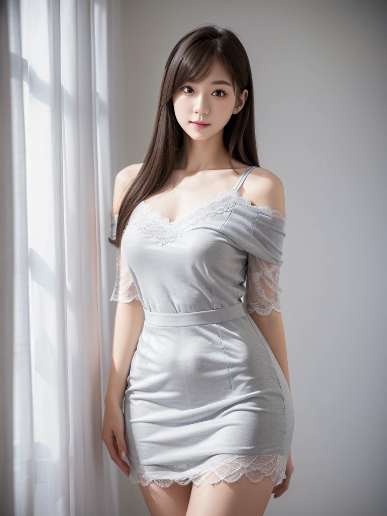 (masterpiece), realistic,(bangs) (light gray glossy sheer pantyhose that wraps around the legs)(Wearing cute white embroidered high heels)(portrait of a girl), beautiful face, sunlight, cinematic light, bangs, a beautiful woman, beautiful eyes, brown hair, perfect anatomy, very cute, princess eyes , (black eyes) , (frame the head), Centered image, stylized, 8 life size,8k Resolution, white low-cut dress with small blue details, human hands, wonder full, elegant, approaching perfection, dynamic, highly detailed, character sheet, concept art, smooth, facing directly at the viewer positioned so that their body is symmetrical and balanced, stunningly beautiful age girl, detailed hairstyle
