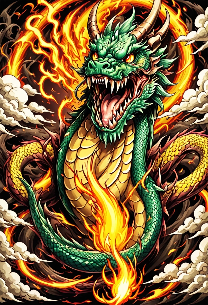 1 dragon, Traditional Japanese tattoo design, realistic tattoo art of green Chinese dragon with brown horns, (((yellow eyes))) with red thunder effect ,he is with open mouth looking very fierce and angry, the background is Japanese cloud tattoo, (Unity 16K Wallpaper, masterpiece, Best Quality, high quality, Ultra-detailed, extremely details), 1 dragon, Traditional Japanese tattoo design, realistic tattoo art of green Chinese dragon with brown horns, (((yellow eyes))) with red thunder effect ,he is with open mouth looking very fierce and angry, the background is Japanese cloud tattoo, 
