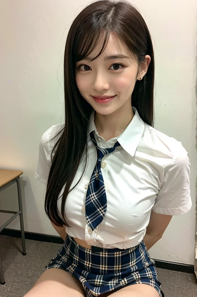1girl,23yo.strawberry print panties ,.classroom brown eyes, brown hair, cardigan, female pubic hair, full body, gyaru, hair ribbon, lips, loafers, long hair, looking at viewer, panties, plaid, plaid skirt, realistic, red ribbon, , shirt, short sleeves, simple background, sitting, skirt, skirt lift, smile, solo, spls, standing, striped, white neckerchief, white shirt.