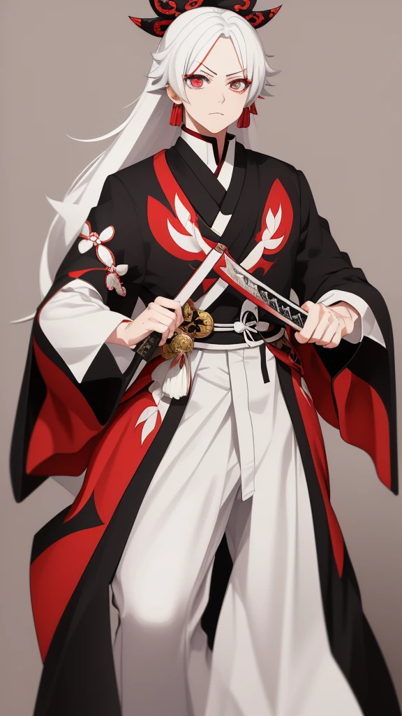 Make me an anime character who is a man with white hair and who is dressed as kimetsu no yaiba with a black and red haori,white skin with a combined katana 