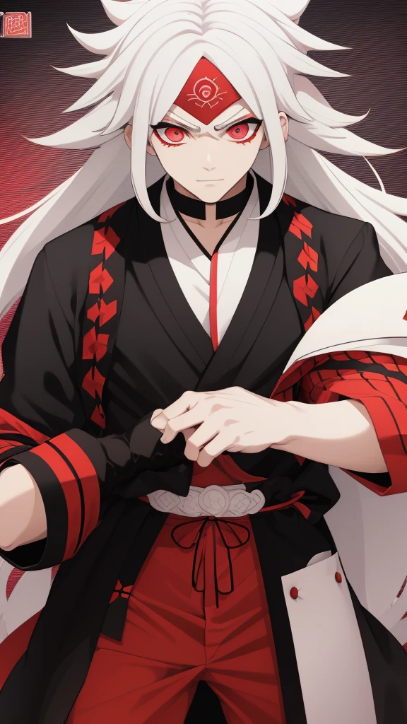 Make me an anime character who is a man with white hair and who is dressed as kimetsu no yaiba with a black and red haori,white skin with a combined katana
