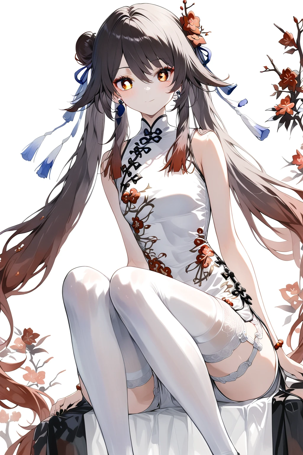 General，1girl, hu tao \(genshin impact\), genshin impact，alone, Viewers, Pure white background,，sit，foot，foot底，whole body，full，have no color，angle, masterpiece, best quality，White garter belt，Absolute Domain,cheongsam,watercolor (medium)