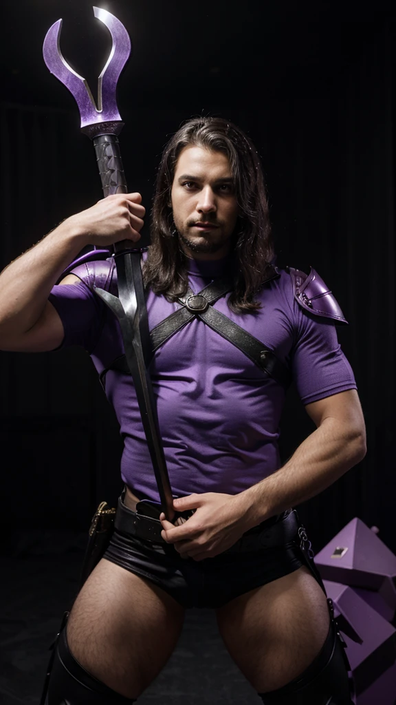 Farfadox, man, victory pose, held a black and purple sword 