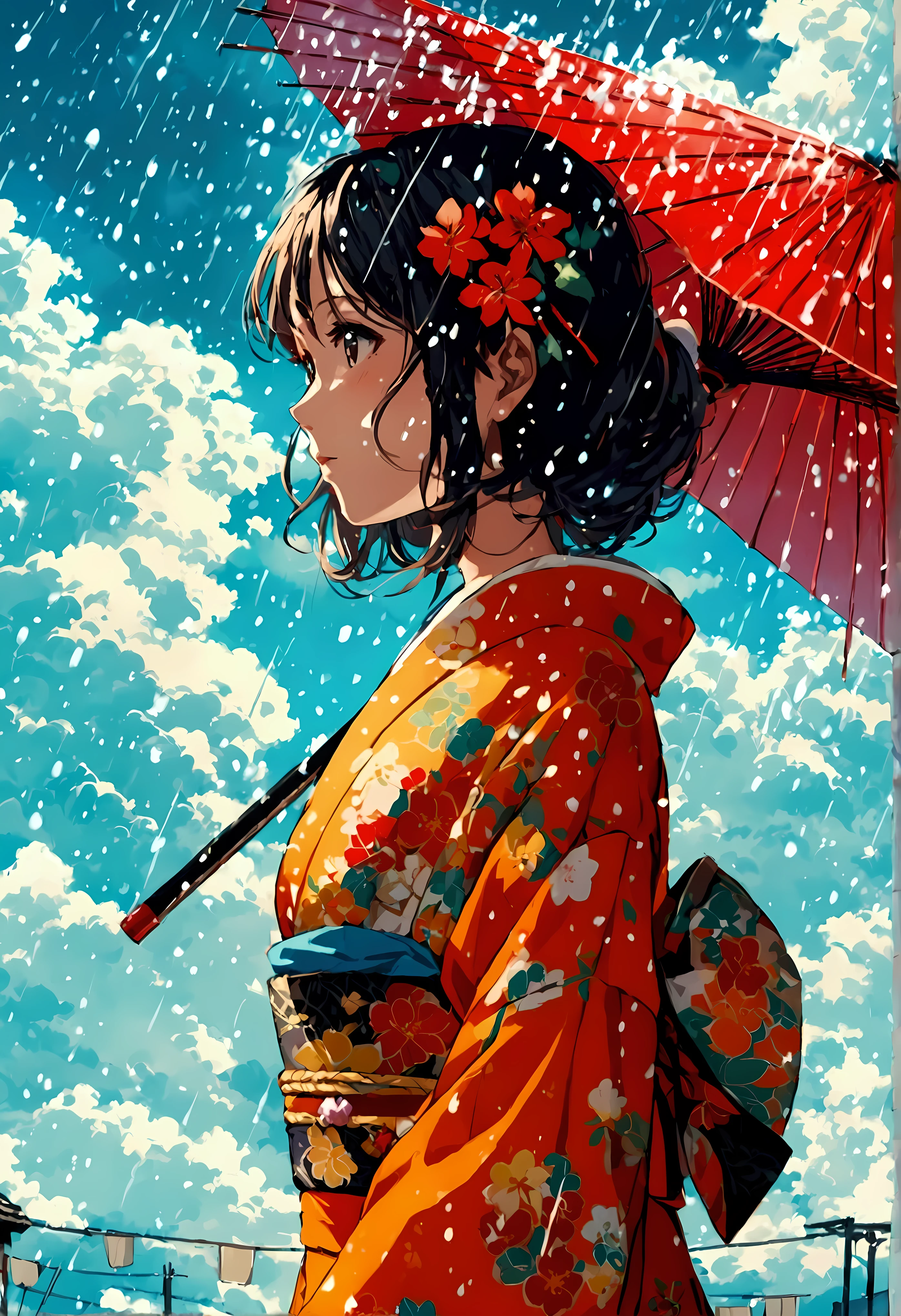 A girl at beautiful Japanese street and huge clouds raining