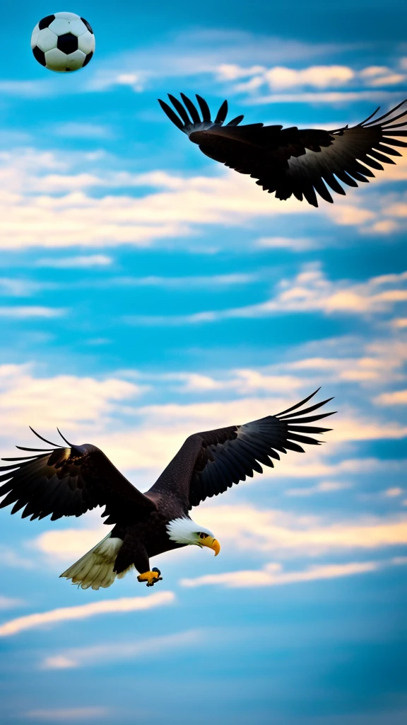 An eagle with human body. Playing soccer above the sky.