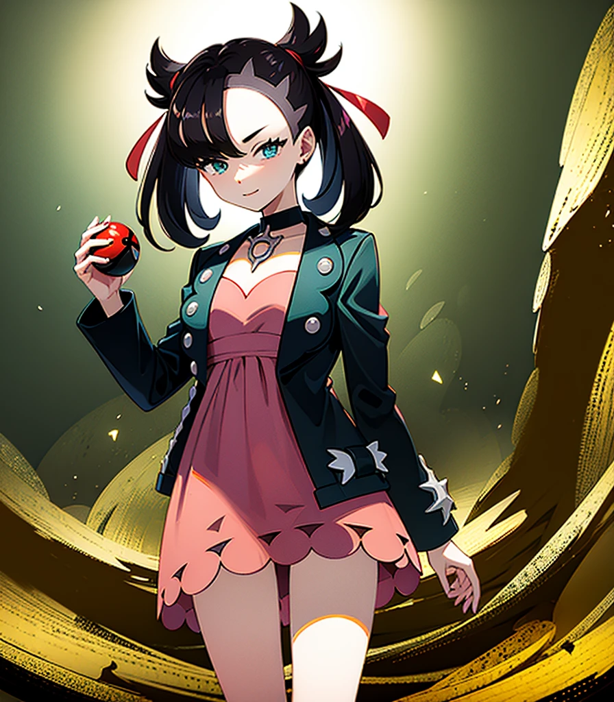 masterpiece, Highest quality, High resolution, Marnie, Aqua Eye, Black choker, Red ribbon, Pink Dress, jewelry, Black jacket, Open clothes, Long sleeve, Cowboy Shot, Are standing, forest, holding Pokéball, Pokéball \(Basic\), smile, Open your mouth,Background is wood々が生い茂るforestです.:1.2,Draw a person in the center of the screen,Depict the top of your head,{{{Perfect hand shape:1.2}}},marnie